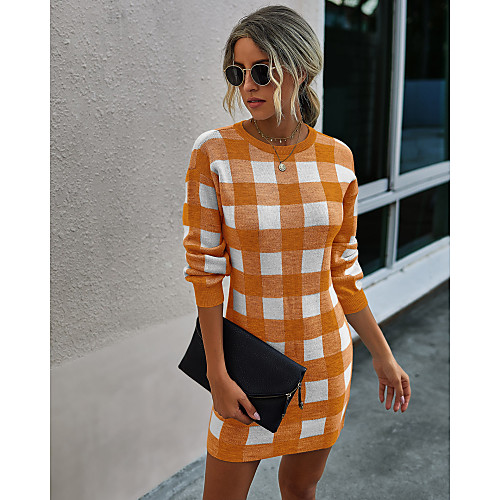

Women's Sweater Jumper Dress Short Mini Dress Gray Orange Black Long Sleeve Print Fall Winter Strapless Hot Casual Going out Slim 2021 S M L XL