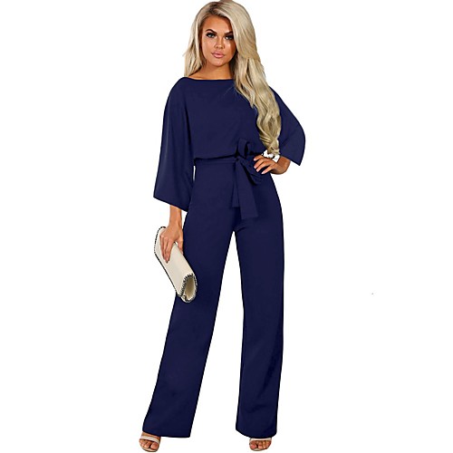 

Women's Basic Crew Neck Blue Black Beige Loose Jumpsuit Solid Colored Lace up