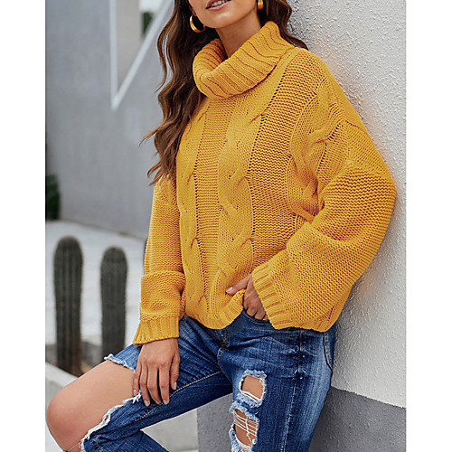 

Women's Basic Hollow Out Solid Color Plain Pullover Acrylic Fibers Long Sleeve Sweater Cardigans Turtleneck Winter Black Blue Red