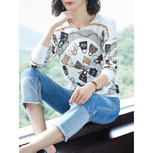 

Women's Stylish Knitted Geometric Pullover Long Sleeve Sweater Cardigans Crew Neck Round Neck Fall White Orange