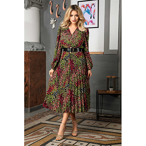 

Women's Chiffon Dress Midi Dress Green Long Sleeve Print Fall Spring V Neck Boho Puff Sleeve Slim 2021 M L XL XXL 3XL