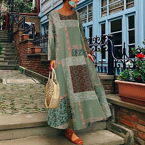 

Women's Swing Dress Maxi long Dress Blue Green Red Long Sleeve Print Patchwork Print Spring Round Neck Hot Casual Boho Loose 2021 S M L XL XXL 3XL 4XL 5XL