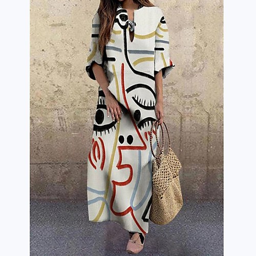 

Women's Swing Dress Maxi long Dress White 3/4 Length Sleeve Print Patchwork Print Fall V Neck Elegant 2021 S M L XL XXL 3XL