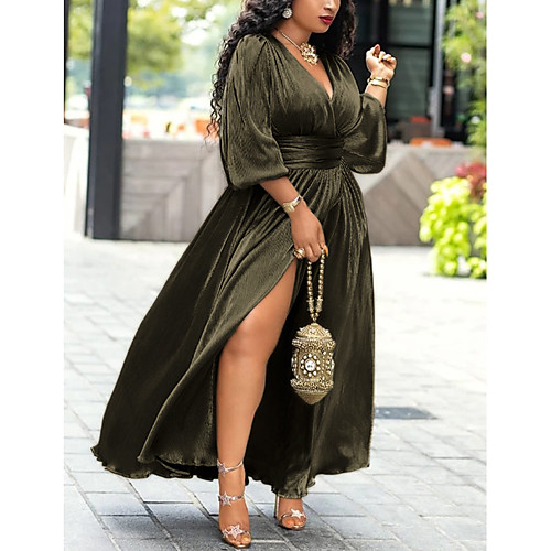 

Women's Sheath Dress Maxi long Dress Gold Long Sleeve Solid Color Split Fall Spring V Neck Hot Vintage 2021 S M L XL XXL