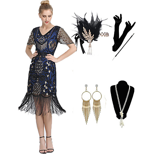 

The Great Gatsby 1920s Vintage Vacation Dress Flapper Dress Outfits Masquerade Prom Dress Women's Tassel Fringe Costume Blue Vintage Cosplay Party Prom / Gloves / Headwear / Necklace / Earrings