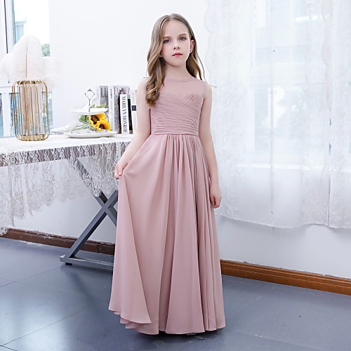 

A-Line Floor Length Junior Bridesmaid Dress Party Chiffon Sleeveless Jewel Neck with Pleats