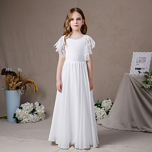 

A-Line Floor Length Junior Bridesmaid Dress Party Chiffon Short Sleeve Jewel Neck with Pleats