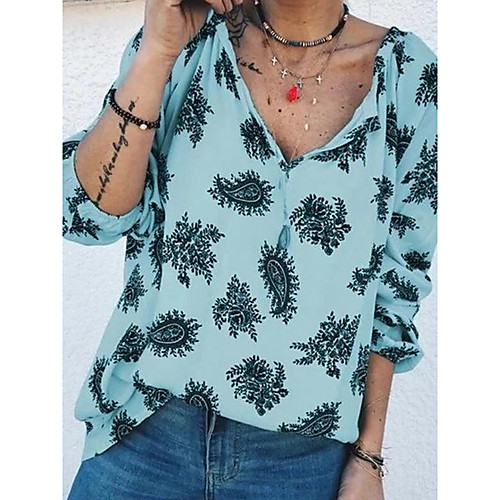 

Women's Blouse Shirt Graphic Prints Long Sleeve V Neck Basic Tops White Blue Purple