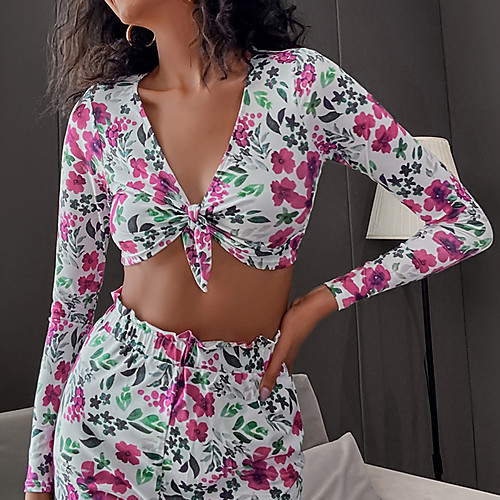 

Women's Blouse Shirt Floral Flower Long Sleeve Knotted Bow V Neck Basic Sexy Tops Fuchsia