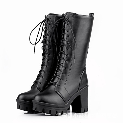 

Women's Boots Block Heel Boots Combat Boots Block Heel Round Toe Mid Calf Boots Basic Casual Daily Walking Shoes PU Solid Colored White Black Brown / Knee High Boots