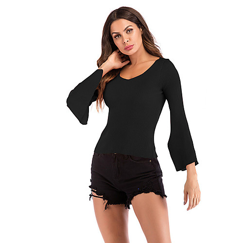 

Women's Blouse Shirt Solid Colored Long Sleeve Patchwork V Neck Basic Tops White Black Red