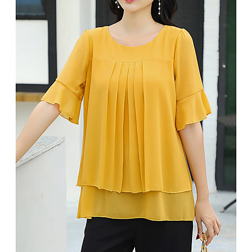 

Women's Blouse Shirt Solid Colored Layered Ruffle Round Neck Business Basic Tops Black Red Yellow