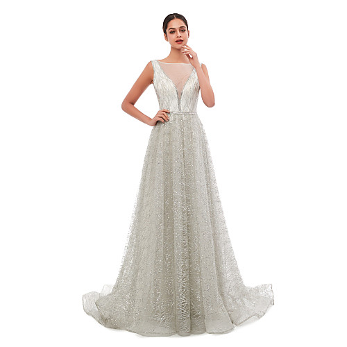 

A-Line Sparkle Vintage Prom Formal Evening Dress Illusion Neck Sleeveless Court Train Sequined with Sequin 2021