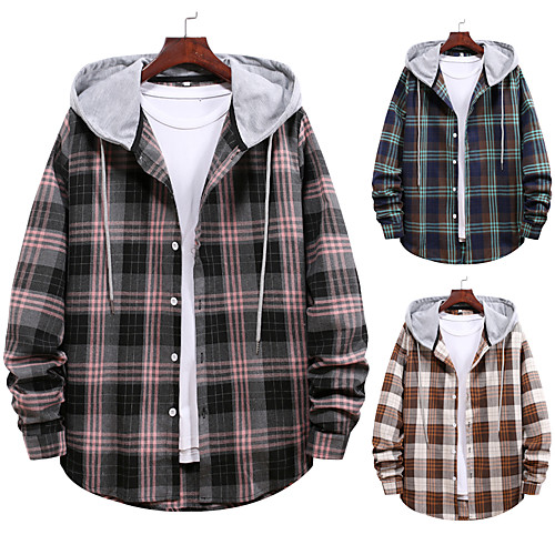 

Men's Shirt non-printing Striped Color Block Plus Size Drawstring Long Sleeve Daily Tops Vintage Streetwear Hooded Blushing Pink Green Brown