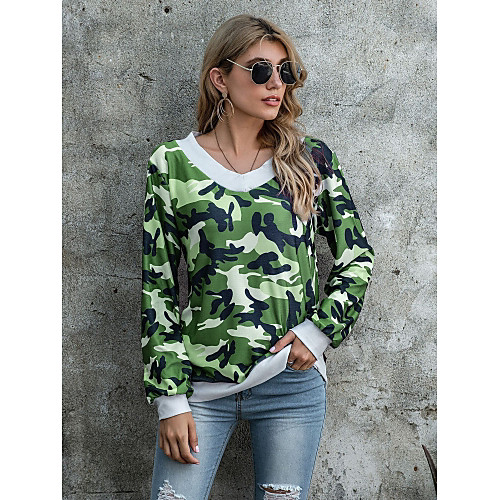 

Women's Pullover Sweatshirt Camouflage V Neck Daily Other Prints Basic Casual Hoodies Sweatshirts Purple Gray Green