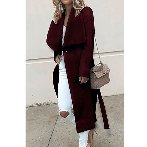 

Women's Coat Daily Fall & Winter Long Coat Regular Fit Basic Jacket Long Sleeve Solid Colored Wine Gray