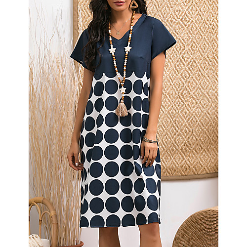 

Women's Shift Dress Knee Length Dress Navy Blue Short Sleeve Polka Dot Summer V Neck Casual 2021 M L XL XXL 3XL