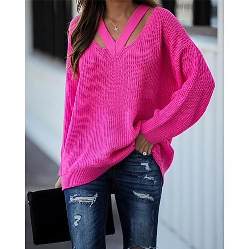 

Women's Stylish Knitted Solid Color Plain Pullover Long Sleeve Sweater Cardigans V Neck Fall Winter Black Red