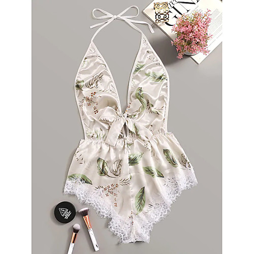 

Women's Lace Bow Print Super Sexy Bodysuits Nightwear Floral Patchwork Beige One-Size / Halter Neck / Deep V