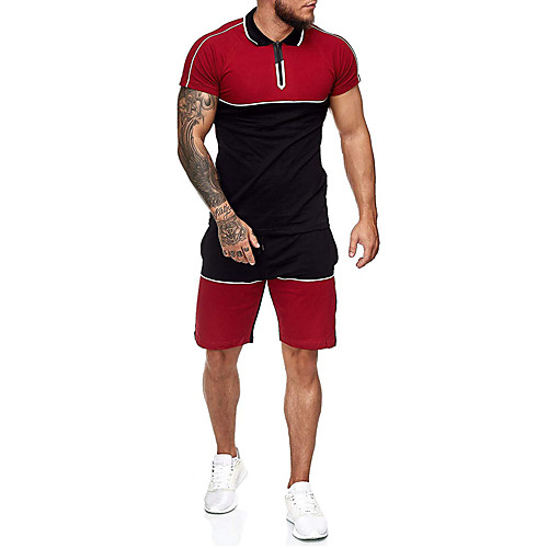 

Men's Set Shirt non-printing Color Block Drawstring Short Sleeve Daily Tops Basic Blue Yellow Wine / Sports