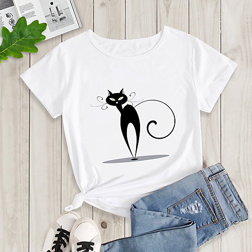 

Women's T shirt Cat Print Round Neck Basic Tops White