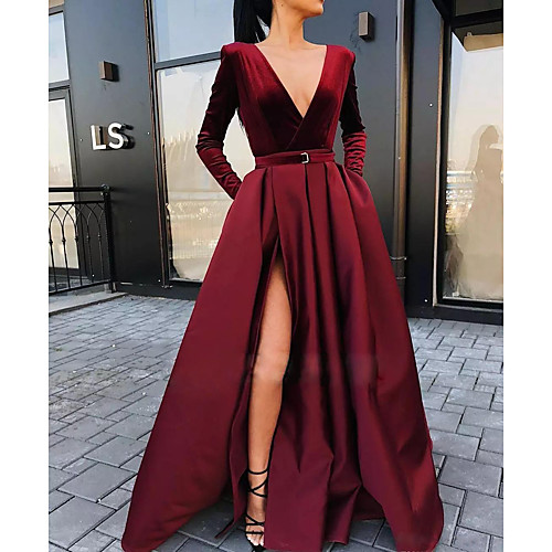 

Women's Swing Dress Maxi long Dress Wine Long Sleeve Solid Color Split Fall Winter V Neck Party Hot Elegant 2021 S M L XL
