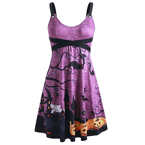 

Women's Halloween A Line Dress Knee Length Dress Purple Sleeveless Pumpkin Bat Print Patchwork Print Summer Round Neck Hot Vintage Slim 2021 S M L XL XXL