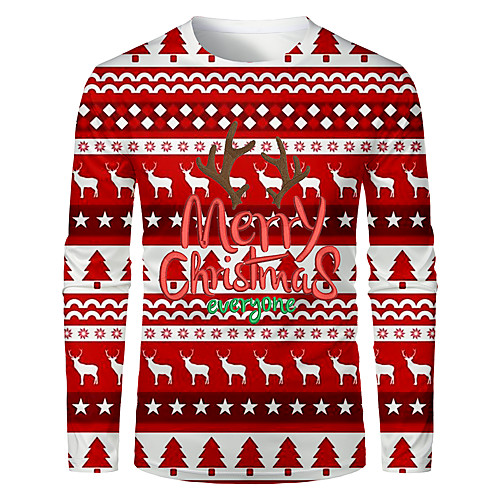 

Men's T shirt 3D Print Graphic 3D Letter Long Sleeve Christmas Tops Basic Red / White