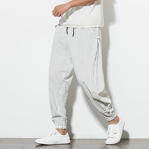 

Men's Chinoiserie Comfort Breathable Slim Daily Home Sweatpants Pants Striped Ankle-Length Drawstring Stripe Gray White Black Navy Blue / Elasticity
