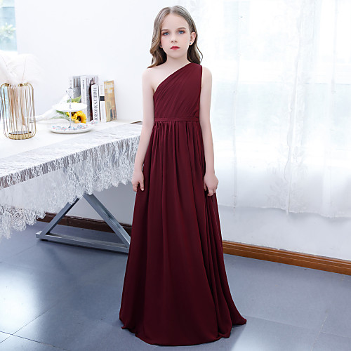 

A-Line Floor Length Junior Bridesmaid Dress Party Chiffon Sleeveless One Shoulder with Pleats