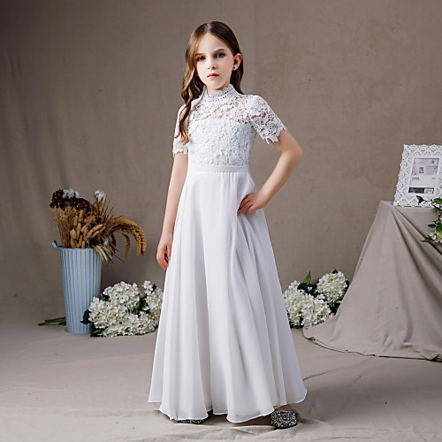 

A-Line Floor Length Junior Bridesmaid Dress Party Chiffon Short Sleeve Jewel Neck with Pleats