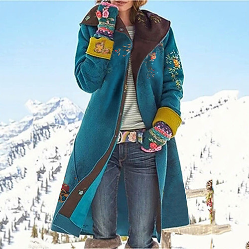 

Women's Overcoat Casual Fall Winter Long Coat Shawl Lapel Regular Fit Casual Jacket Long Sleeve Plants Print Blue Yellow