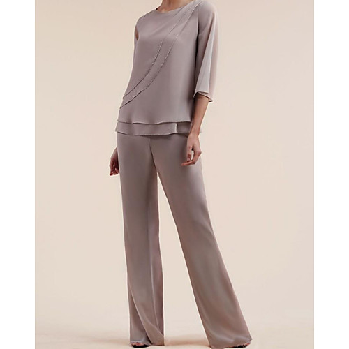 

Two Piece Pantsuit / Jumpsuit Mother of the Bride Dress Elegant Jewel Neck Floor Length Chiffon Half Sleeve with Ruffles 2021