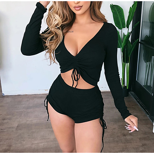 

Women's Basic Solid Color Two Piece Set Crop Pant Drawstring Tops