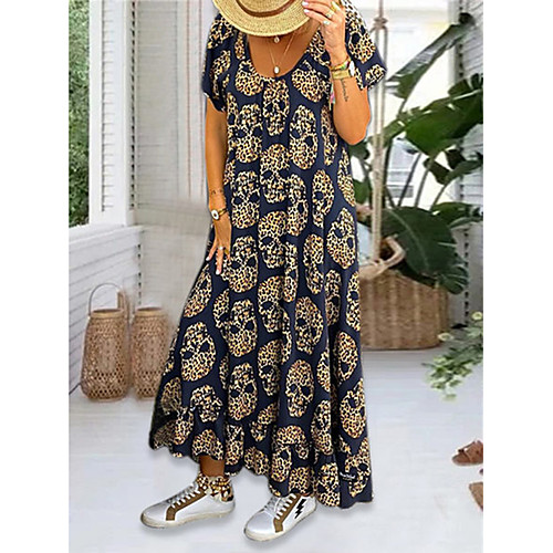 

Women's Halloween Swing Dress Short Mini Dress Navy Blue Short Sleeve Print Leopard Backless Print Summer Round Neck Sexy Slim 2021 S M L XL XXL