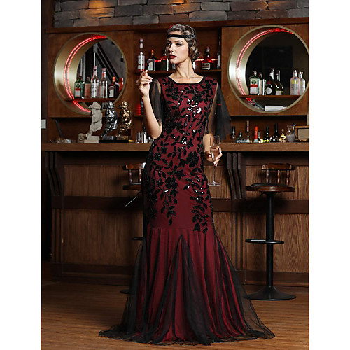 

Mermaid / Trumpet 1920s Fashion Vintage Party Wear Formal Evening Dress Jewel Neck Short Sleeve Floor Length Tulle with Embroidery 2021 / Puff Balloon Sleeve