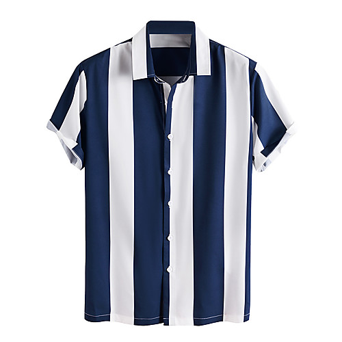 

Men's Shirt Other Prints Striped Graphic Short Sleeve Daily Tops Basic Button Down Collar Blue