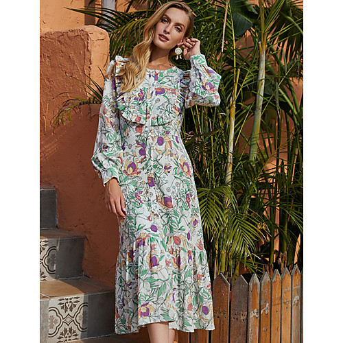 

Women's A Line Dress Midi Dress Green Long Sleeve Floral Ruffle Print Fall Winter Round Neck Casual Going out Lantern Sleeve 2021 S M L XL