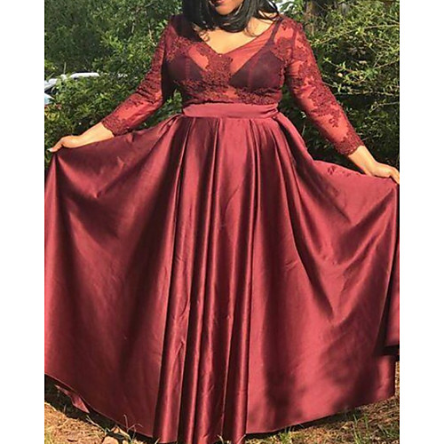 

A-Line Luxurious Sexy Wedding Guest Formal Evening Dress V Neck 3/4 Length Sleeve Floor Length Satin with Pleats 2021