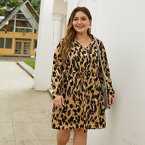 

Women's A Line Dress Knee Length Dress White Brown Long Sleeve Leopard Ruched Patchwork Print Summer V Neck Casual 2021 XL XXL 3XL 4XL