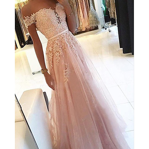 

A-Line Sexy Floral Engagement Formal Evening Dress Strapless Sleeveless Floor Length Tulle with Appliques 2021
