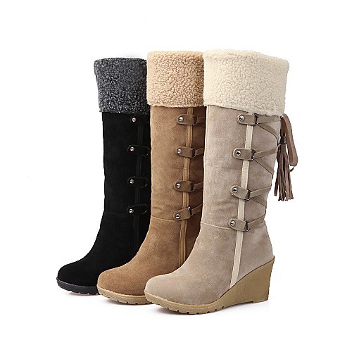 

Women's Boots Snow Boots Wedge Heel Round Toe Knee High Boots Casual Daily Suede Tassel Lace-up Solid Colored Winter Yellow Black Beige / Mid-Calf Boots