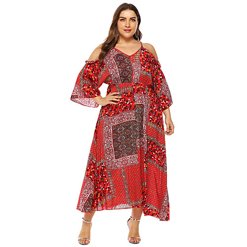 

Women's Sheath Dress Maxi long Dress Red 3/4 Length Sleeve Floral Fall Spring V Neck Vintage Holiday Going out Flare Cuff Sleeve 2021 L XL XXL 3XL 4XL / Cotton / Plus Size / Cotton