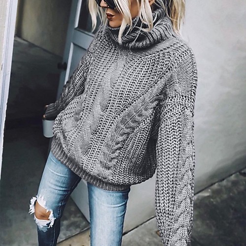 

Women's Basic Knitted Solid Color Plain Pullover Acrylic Fibers Long Sleeve Sweater Cardigans Turtleneck Fall Blue Brown Gray
