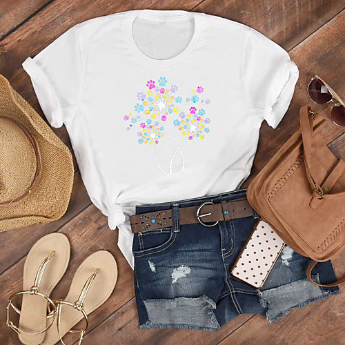 

Women's T shirt Floral Flower Print Round Neck Tops 100% Cotton Basic Basic Top White