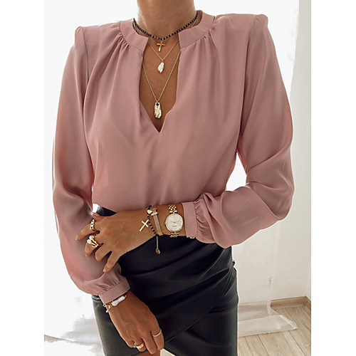 

Women's Blouse Shirt Solid Colored Long Sleeve V Neck Basic Tops White Black Blushing Pink