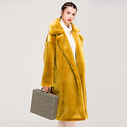 

Women's Coat Daily Fall & Winter Long Coat Regular Fit Basic Jacket Long Sleeve Solid Colored Yellow Blushing Pink / Faux Fur