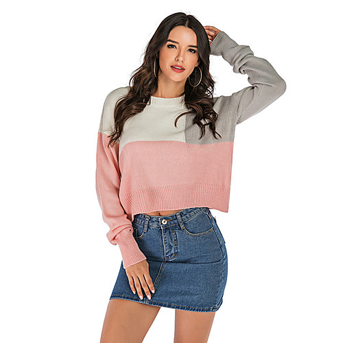

Women's Basic Knitted Striped Color Block Pullover Long Sleeve Sweater Cardigans Crew Neck Round Neck Fall Winter Blushing Pink