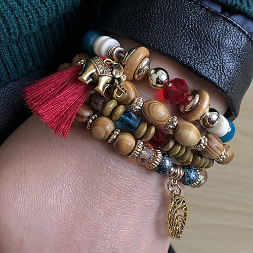 

4pcs Women's Bead Bracelet Friendship Bracelet Wrap Bracelet Layered Fashion Leaf Birthday Luxury Dangling Tassel Ethnic Boho Acrylic Bracelet Jewelry Brown For Gift Prom Date Beach Festival / Wood