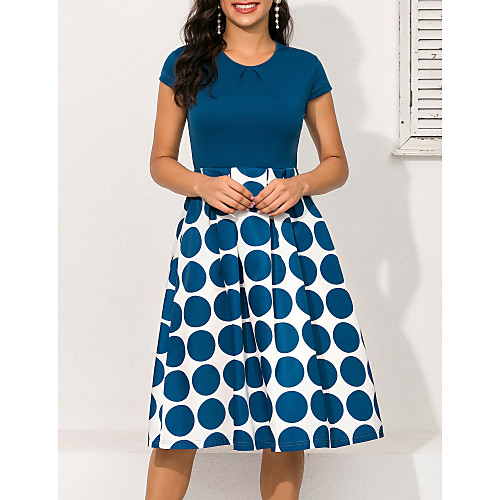 

Women's A Line Dress Knee Length Dress Blue Short Sleeve Polka Dot Print Geometric Ruched Patchwork Print Spring & Summer Round Neck 1950s Hot Elegant Going out 2021 S M L XL XXL